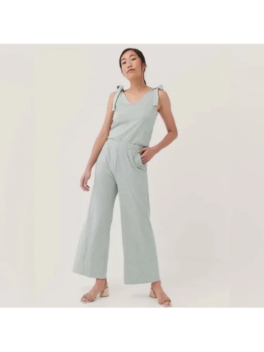 NWOT Pact Seafoam Green The Tie Sleeve Jumpsuit Size S Organic Cotton Hemp Linen
